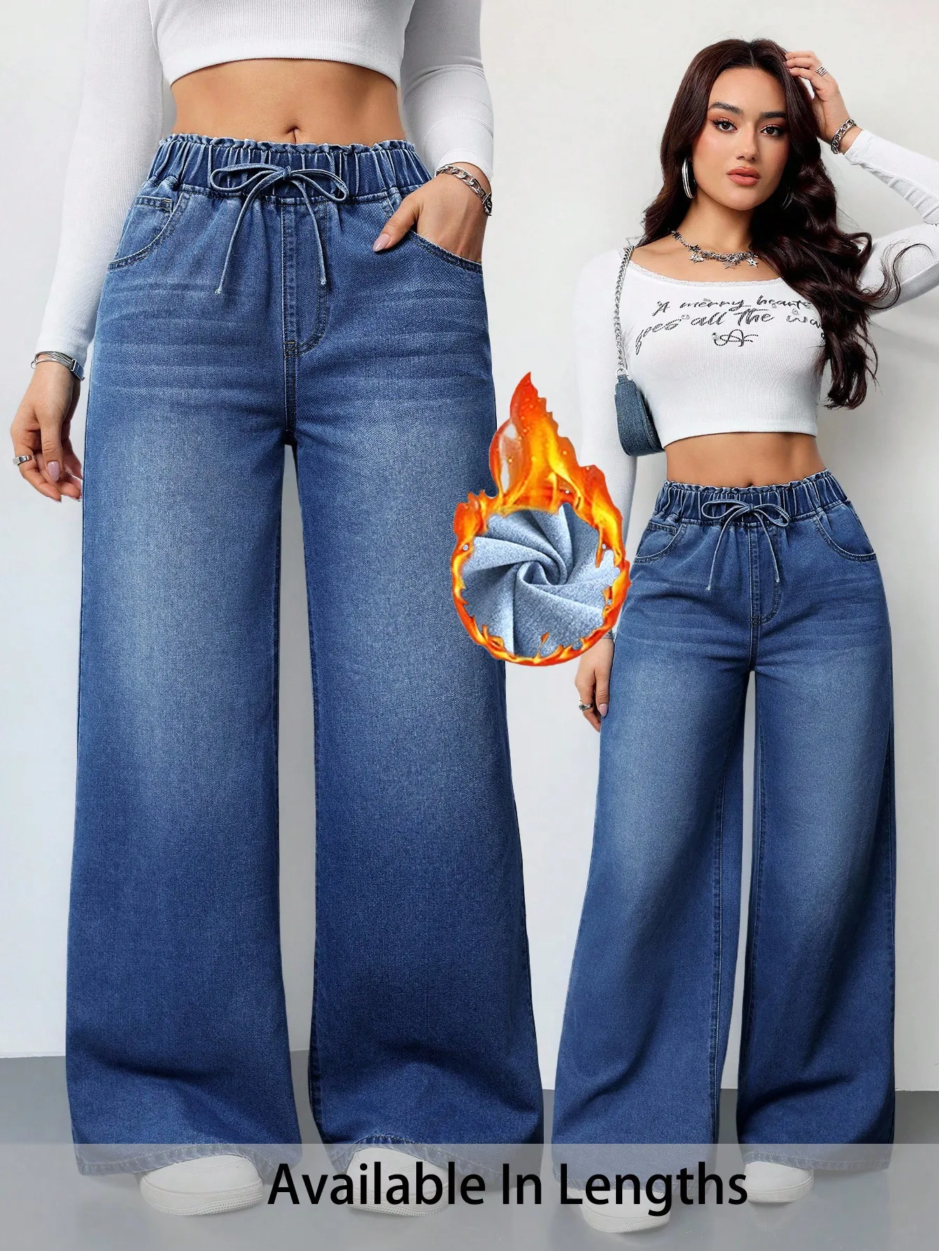 

Женские джинсы с термоизоляцией, широкие штанины, с завязками на талии, повседневный свободный крой для осени и зимы