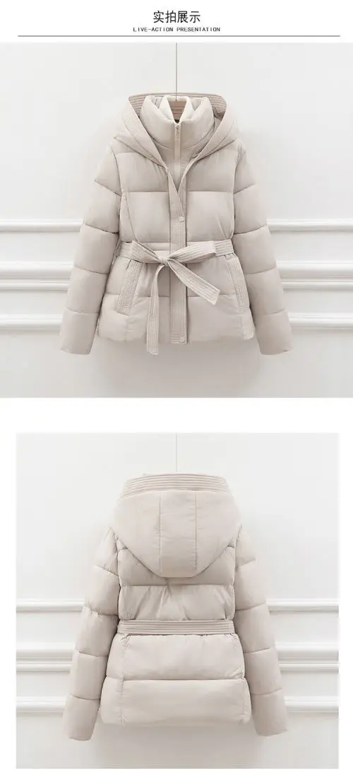 High End Down Cotton Jacket for Women Winter 2026 Fashion Slim Thicken Hooded Bread Coat Female Warm Parka Overcoat With Belt