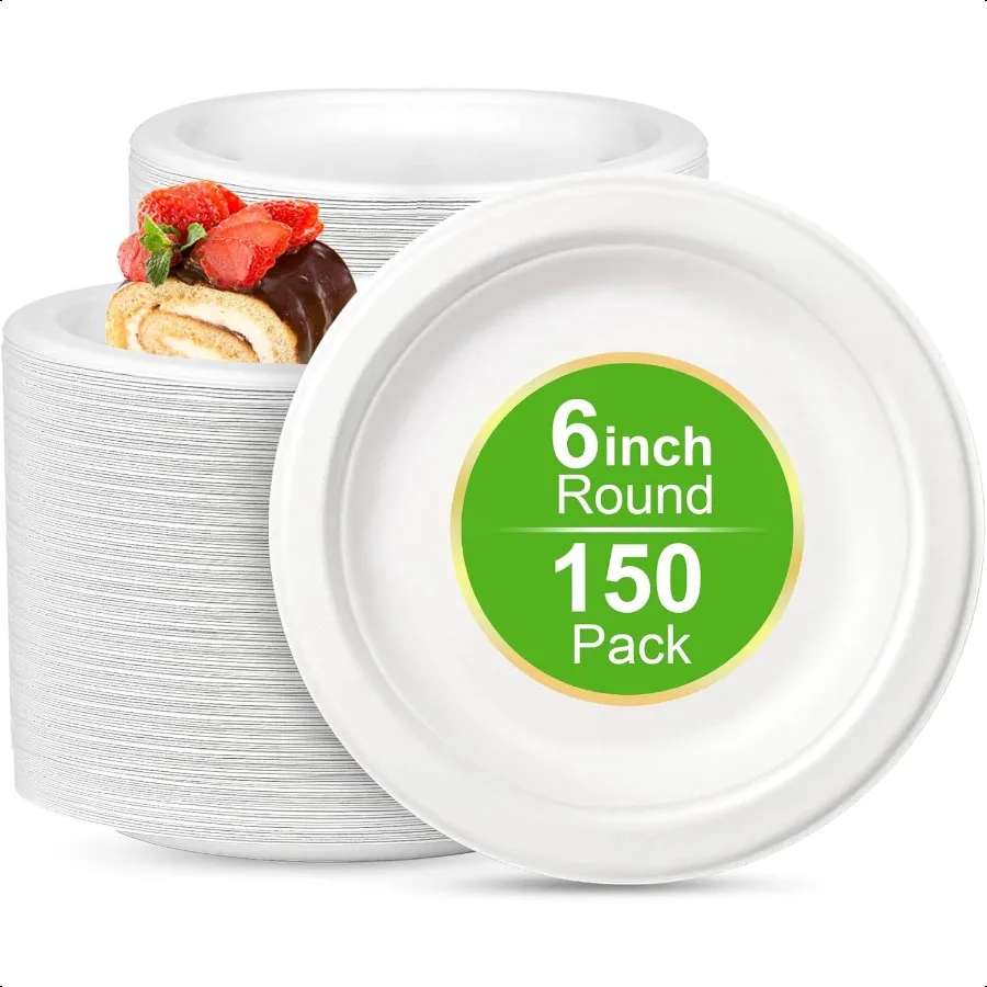

6 Inch Compostable Paper Plates 150 Counts HeavyDuty EcoFriendly Sugarcane Plates
