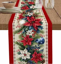 Christmas Poinsettia Flowers Linen Table Runner Holiday Party Decor Winter Xmas Kitchen Dining Table Runner Christmas Decoration