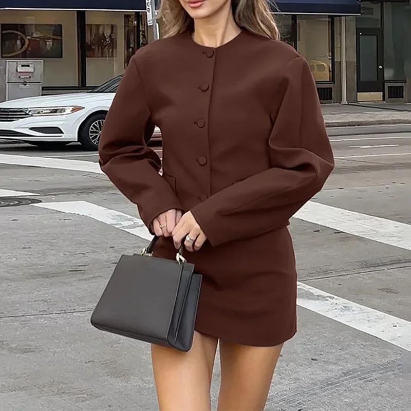 

Коричневая юбка, комплект из 2 предметов, женский однотонный кардиган на пуговицах, топ с длинными рукавами, тонкая юбка, комплект женской уличной юбки, комплект Y2k