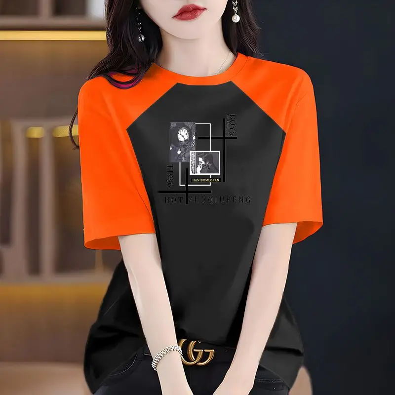 Mode col rond épissé lettre imprimé T-Shirts décontractés vêtements pour femmes 2025 été nouveau lâche coréen hauts tout-match t-shirt