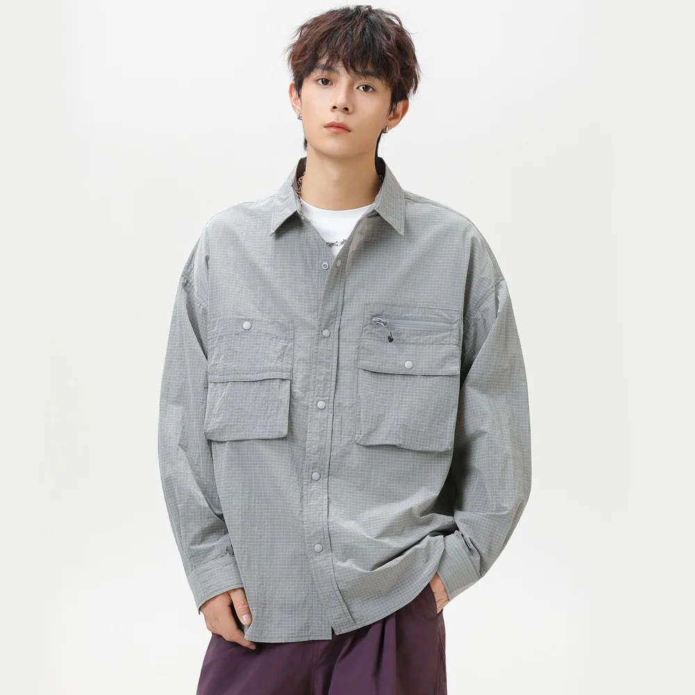 

Мужская легкая быстросохнущая рубашка-карго в клетку с длинным рукавом, свободного кроя, в стиле Cityboy, техно-одежда, оверсайз, повседневный топ