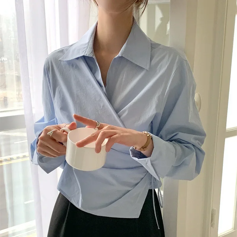 

Women's Clothing 2024 Korean Style Ruched Lace Up Design Shirt Office Lady Lapel Asymmetrical Blouse Casual Solid Slim Chic Tops