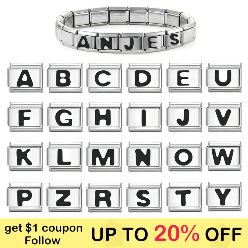 Retro Charm Bracelet Black 26 Letters A-Z Italian Charm Links Fit 9mm Stainless Steel Bracelet Jewelry DIY Making Wholesale