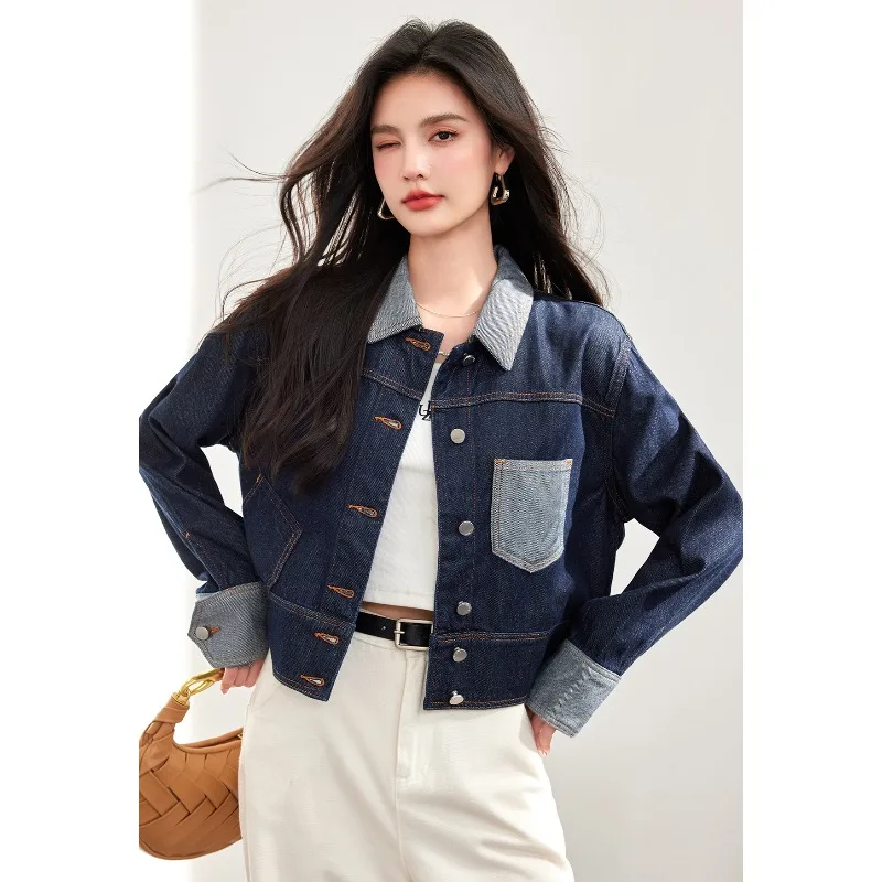 

Spring and Autumn New Retro Design Contrasting Color Workwear Denim Jacket Short Loose Top Jacket for Women