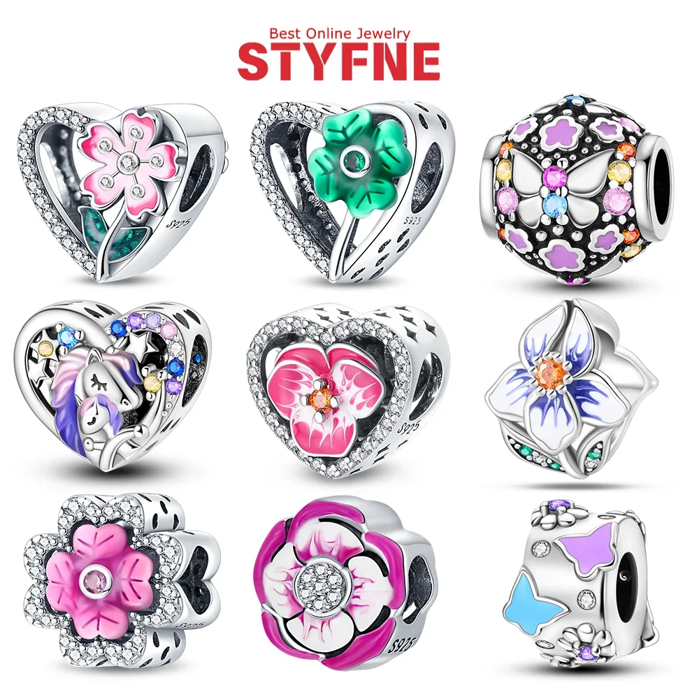 

Charm 925 Silver Original Heart shaped flower beaded sunflower sakura Charms Fit Bracelet DIY Jewelry For Women Gift