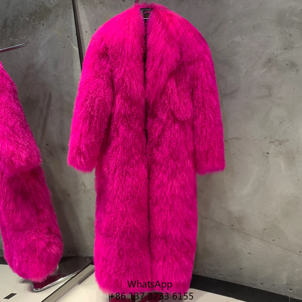 

Real Mongolian Long Fur Coat Hot Pink Sheep Fur Coat Oversize Women Long Fur Coats