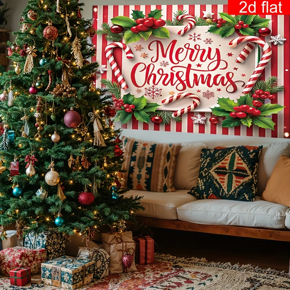 عيد ميلاد سعيد نسيج أحمر أبيض مخطط قصب الحلوى لحفلات العطلات الداخلية والخارجية بوليستر متين وسهل التعليق #1