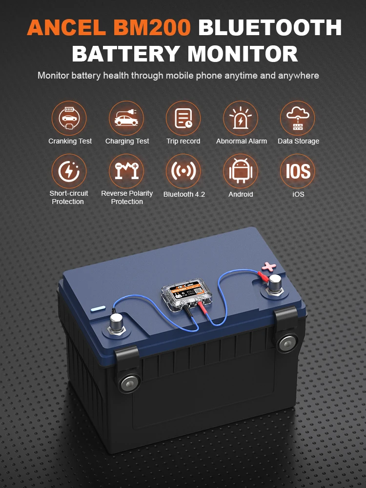 ANCEL BM200 12V Autobatterie-Monitor 12V Batterie-Gesundheitsüberwachung Drahtlos Bluetooth 4.2 Für Android IOS APP Batterietester-Tool