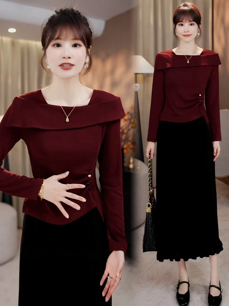 

Ele Faionable Retro Long Sve T-irt Women's Early Autumn New Simple Sle Super Beautiful Slimming Top Korean Sle