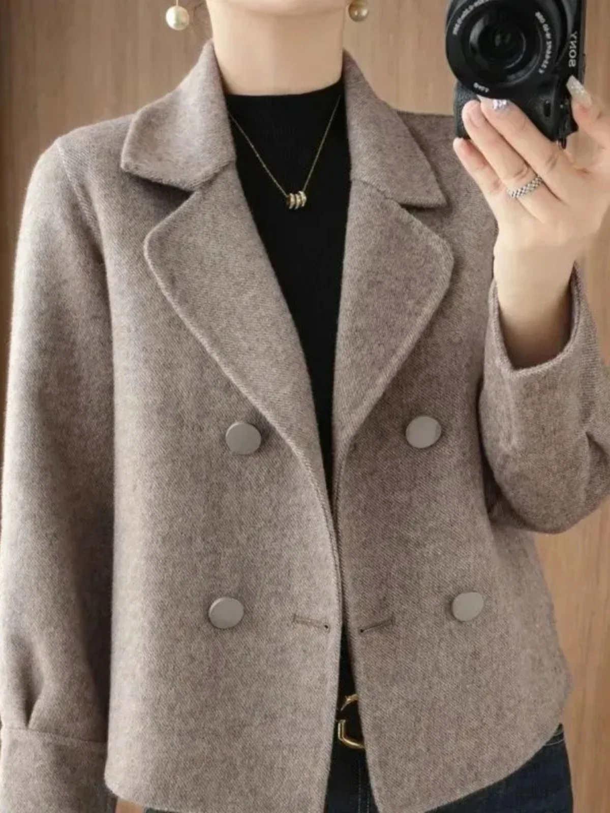 Double Sided Woolen Coat Women\'s Autumn Winter New Fashion Suit Turndown Collar Short Jacket Versatile Long Sleeve Warm Outwear