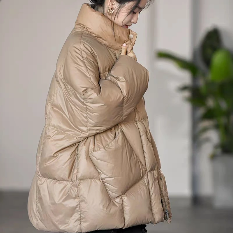 

Monochrome Stand-up Collar Puffer Coats for Women, Female Casual Jacket, Simple Outerwears, Loose and Warm, Winter