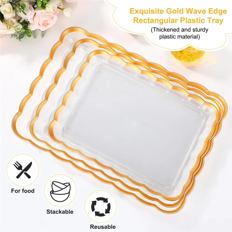 الترويج! صواني تقديم 3 قطع من البلاستيك الشفاف بنمط موجة مستطيلة، 14 بوصة × 10 بوصة، 16 بوصة × 11 بوصة، 18 بوصة × 12.5 بوصة مع لوحات ذهبية Pl