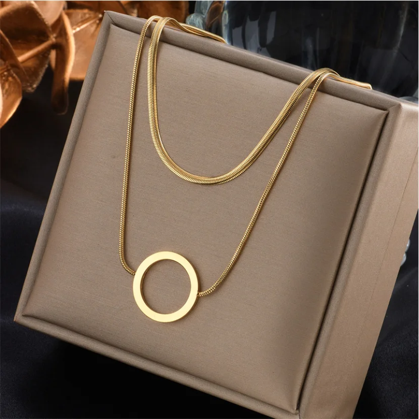 316L Stainless Steel Fashion Fine Jewelry Minimalism 2-layer Charms Thick Snake Bone Chain Choker Necklaces Pendants For Women