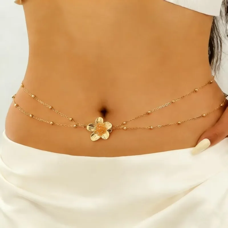 

Sexy Double Layers Belly Chains Women Y2K Gold Color Metal Flower Bikini Waist Body Chain Summer Beach Vacation Jewelry