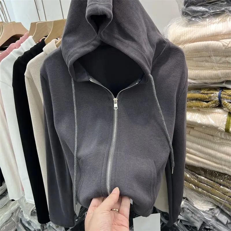 Hooded Hoodies Women Double-zippers Lace-up Solid Long Sleeve Casual Sweatshirts Spring New Tops Tender All-match Simple Fashion