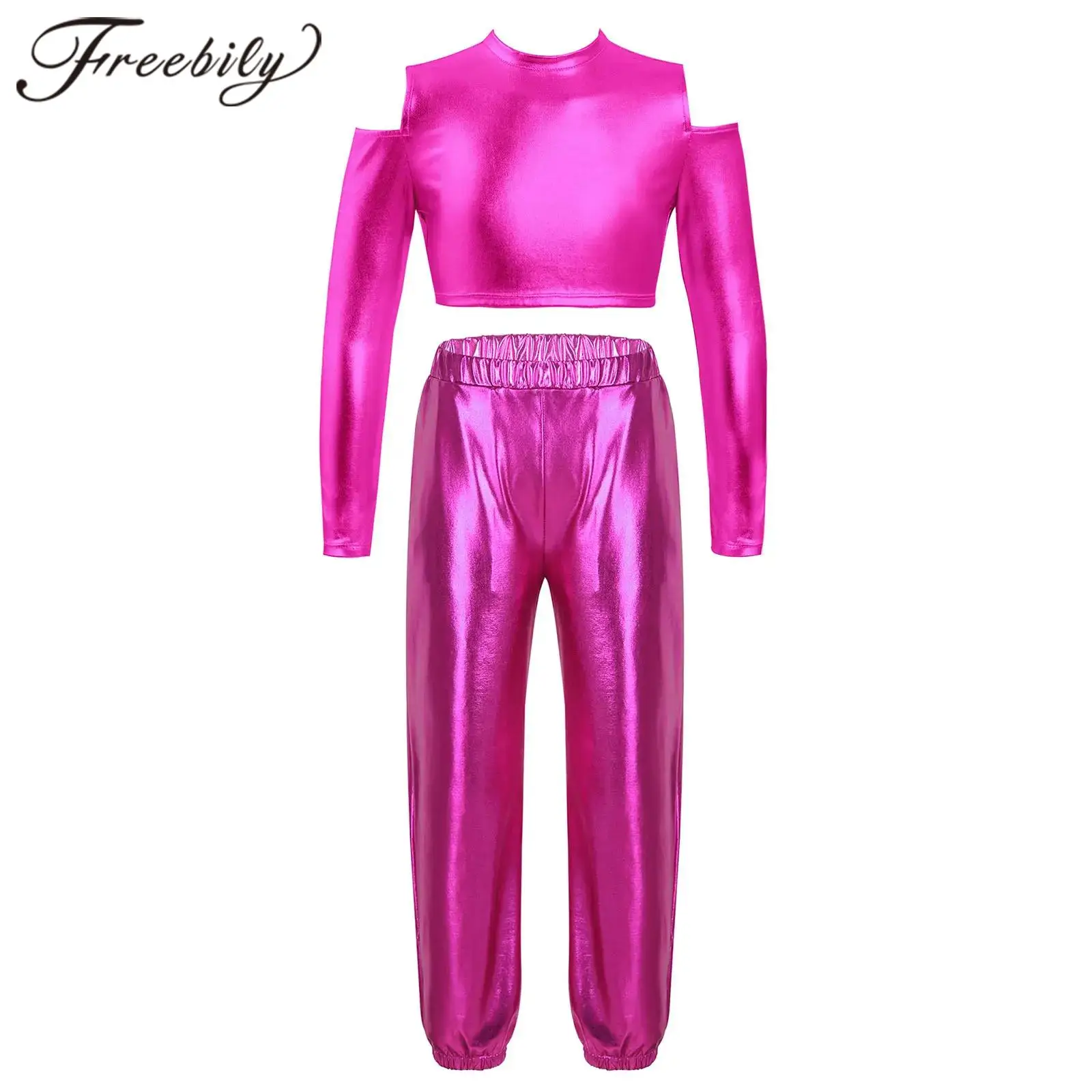 

Kids Girls Jazz Dance Outfit Children Fashion Dancewear Clothes Sets Two Pieces Long Sleeves Glossy Crop Top with Metallic Pants