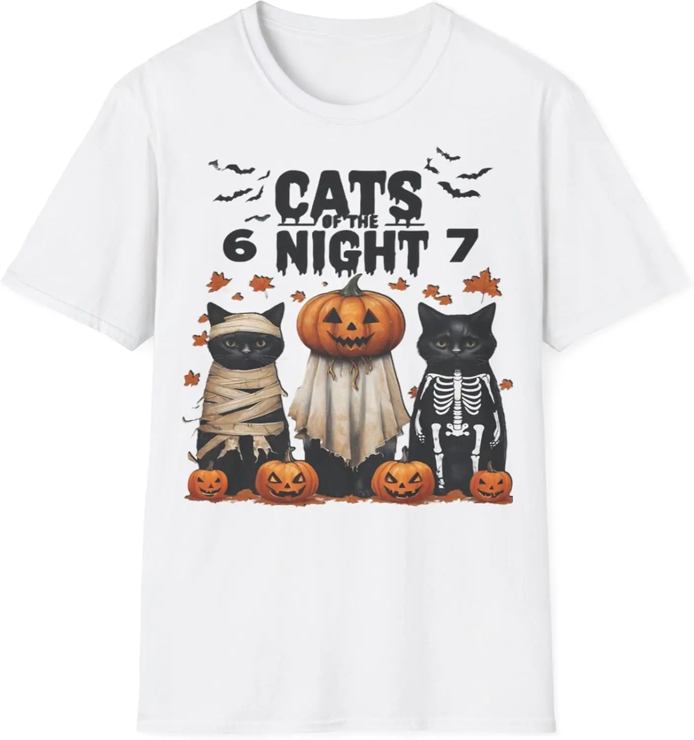 

Halloween Six Nights Sleep Human Design Cotton T-shirt Mummy Pumpkin Skeleton Dressed Up As Cat Design Round Neck Unisex Tee