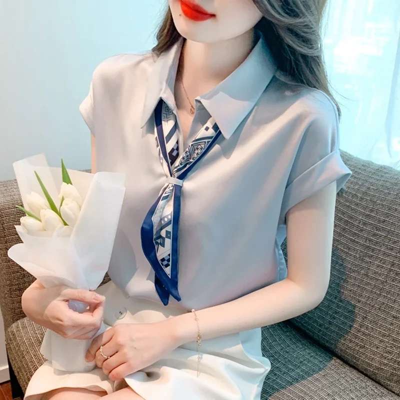 Elegant Summer Office Silk Blouses Women 2024 Fashion Short Sleeve Blue Ladies Tops Korean Style Clothes y2k Work Chiffon Shirts