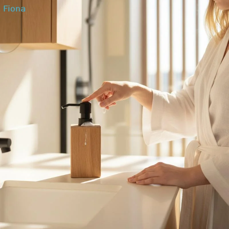 ✔Refillable Wood Soap Dispenser with Black Pump,Square Liquid Lotion Bottle for Bathroom Vanity,Kitchen Sink