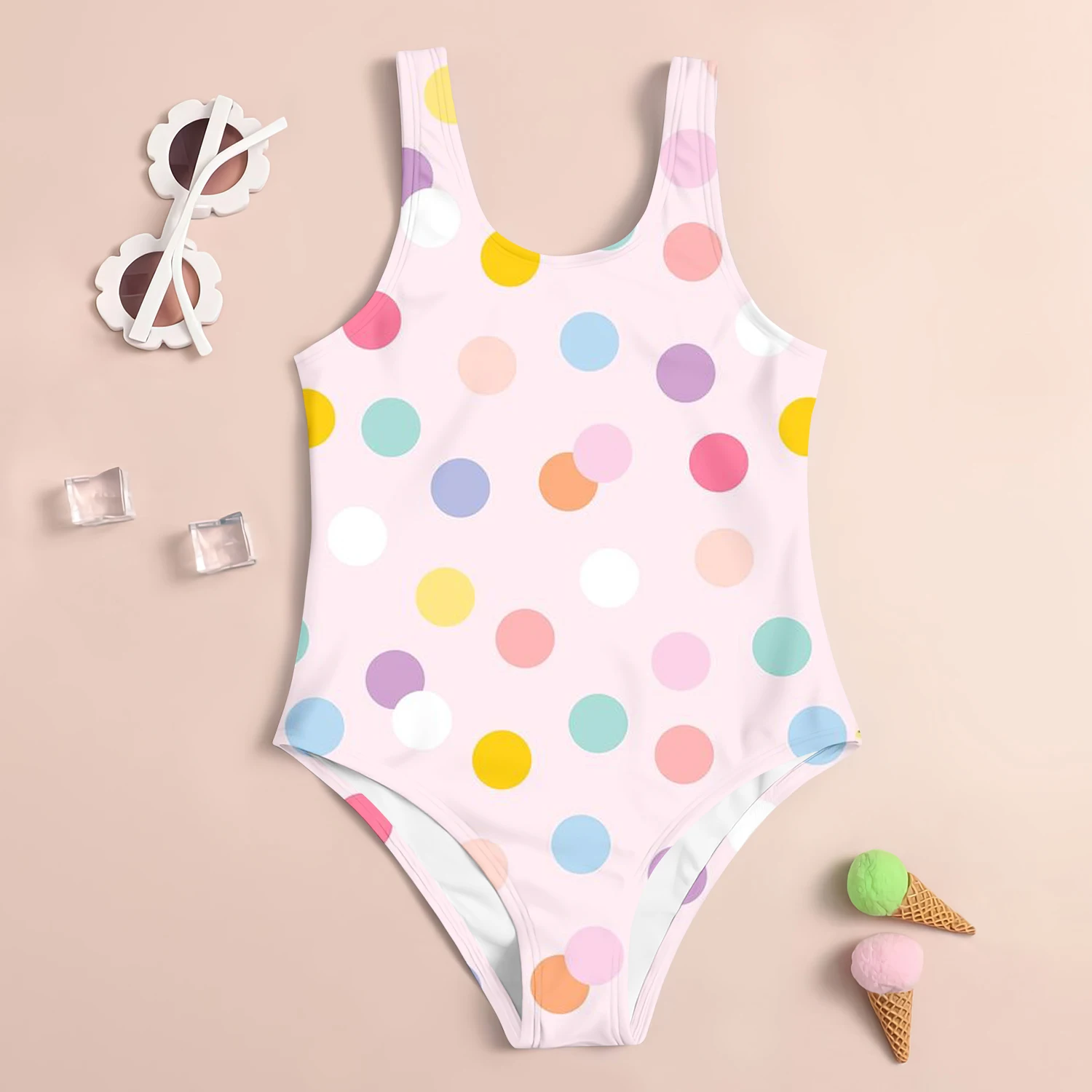 2024 Summer New Children\'s Sleeveless Swimsuit Kids Cool Seaside Clothes Cute Polka Dot 3d Printed One-Piece Swimsuit For Girls