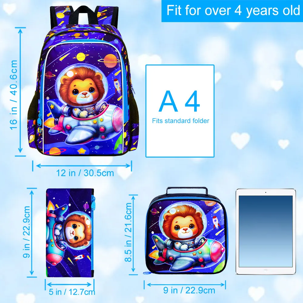 3Pcs Boys 16" Galaxy Space Lion Rocket Backpack Set Kids School Bag with Handbag Pencil Pouch for Elementary Little Boys view 2