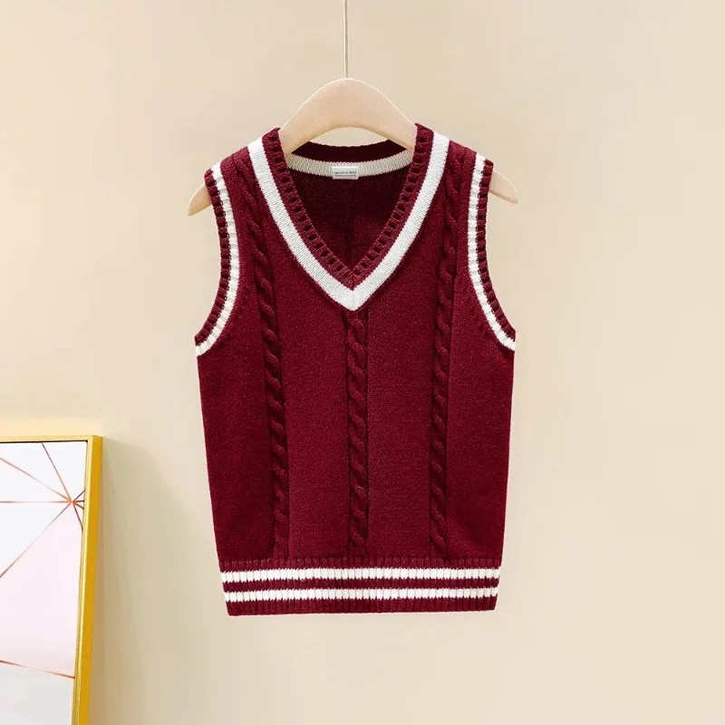 Boy Girl Cable Knit Sleeveless Vest V Neck Striped Edge Knit Waistcoat Multi Color Kids School Uniform Daily Layering Outer Top