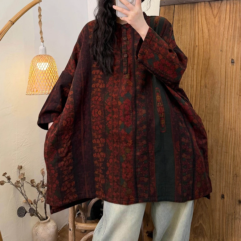 

2026 New Arrival Women Loose Casual All-matched Vintage Print O-neck Long Blouse Spring & Autumn Long Sleeve Cotton Shirt H79