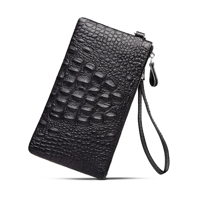 Genuine leather long crocodile patterned top layer cowhide zipper wallet, multiple card anti-theft brush wallet cartera hombre