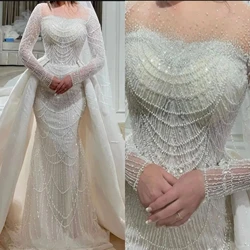 Classic Mermaid Wedding Dresses For Women Sheer Neck Long Sleeves Bridal Gown Beads Sequins Detachable Train Dress Custom Made