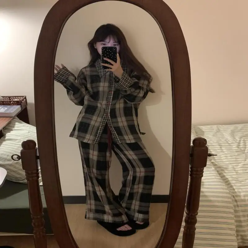 Conjunto de pijamas para mujer, pijamas cálidos de invierno para mujer, ropa navideña a la moda para el hogar, pijamas, conjunto de pijama lindo y suave con rejilla