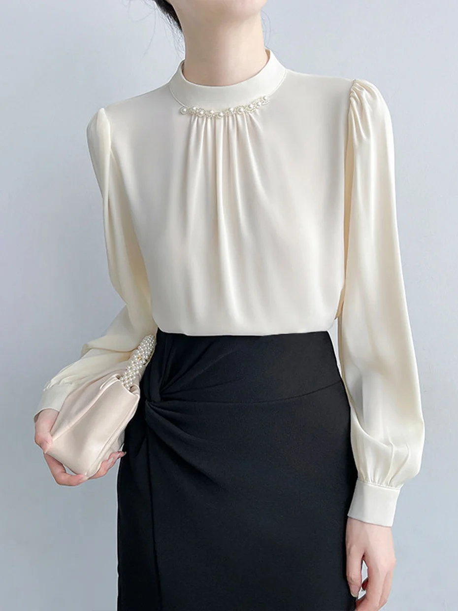 

Pure Color Silk Shirt Women's Early Spring Long Sleeve Layering Interview Beautiful Dressing Loose French Style Casual Shirt