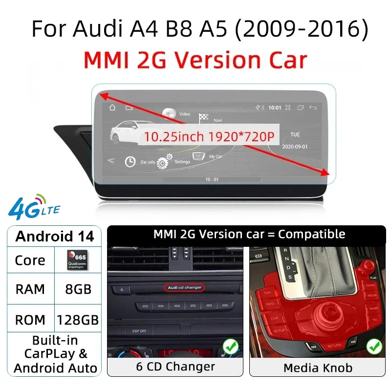 Android 14 Auto Radio CarPlay voor Audi A4 B8 A5 2008 2009 2010 MMI 2G High CD Changer Autostereo Multimedia Speler GPS Navigatie WiFi
