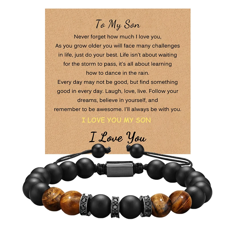 To My Son Bracelet Tiger Eye Stone Bracelet for Men Beaded Bracelet for Boyfriend, Grandson ,Brother, Dad Greeting Card Gift