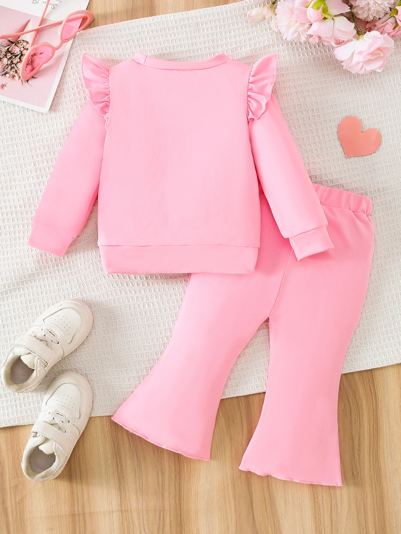 Baby Girls 6M-3Y Pink Clothing Set Ruffle Shoulder Long Sleeve Top Cartoon Girl Graphic Flared Trousers