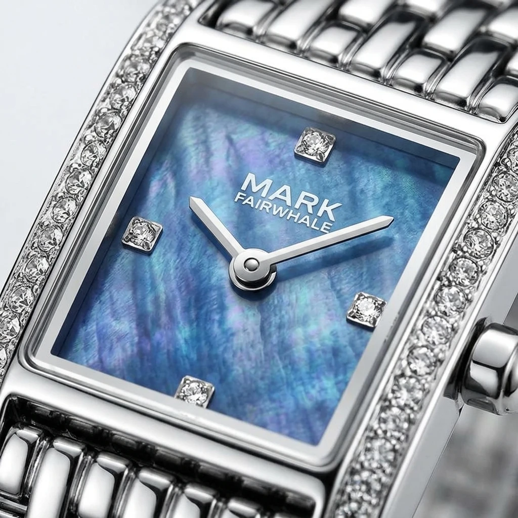 Mark Fairwhale Ladies Quartz Watch Rectangle Blue Mother of Pearl Dial Crystal Bezel Stainless Steel Bracelet Wristwatch