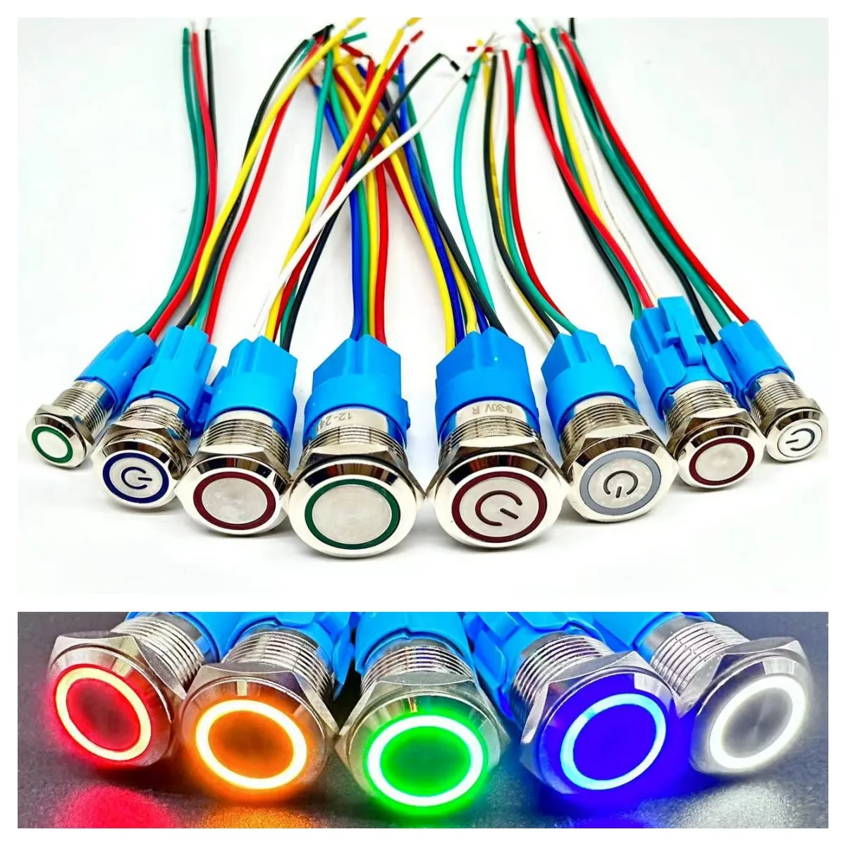 Interruptor de botón a prueba de agua, pulsador de Metal, luz LED, enclavamiento momentáneo, motor de coche, 5V, 12V, 24V, 220V, rojo y azul, 12/16/19/22MM