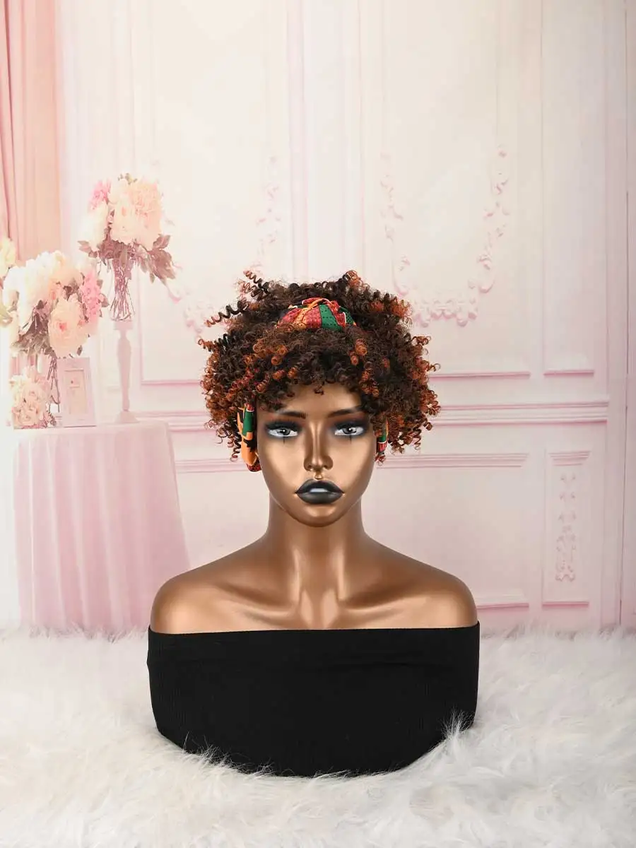 Headband Wig Curly Headband Wig With Bangs For Women Synthetic Afro Curly Hair Wig With Headband Attached Short Kinky
