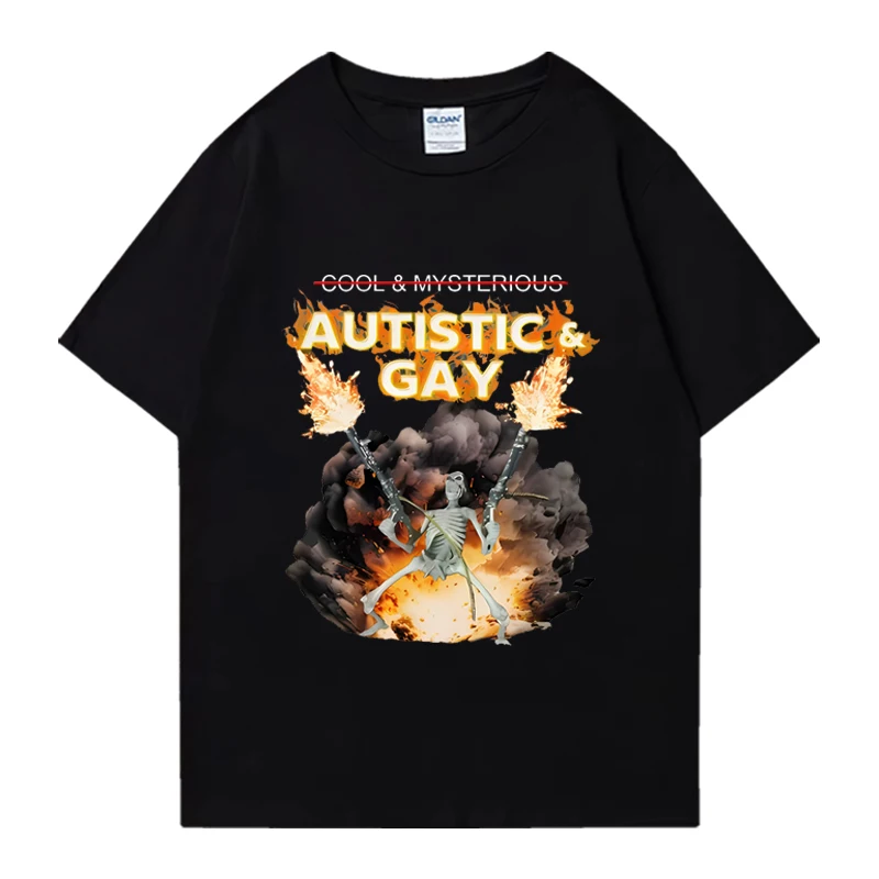 

Hot Autistic and Gay Skeleton Explosion Vintage T Shirt Unhinged Skeleton Autism Funny T-Shirt Cotton Graphic Unisex Streetwear