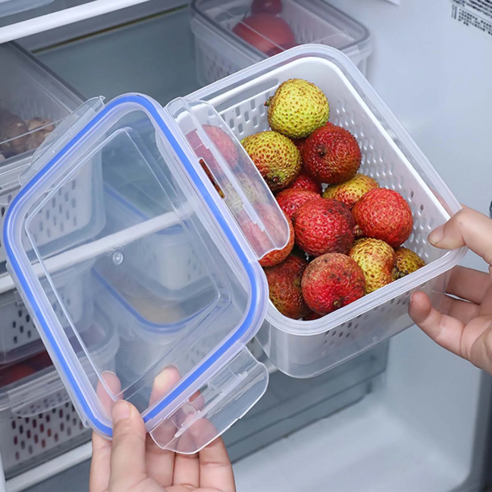 Double-layer Drain Basket With Cover Plastic Refrigerator Fruit Sealed Keeper Fresh Storage Box Fits Washing Fruits Kitchen Tool