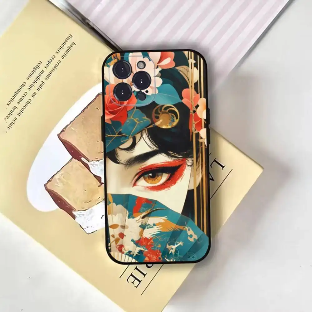 حافظة هاتف فنية صينية لهاتف iPhone16,15,14,13,12,11 Plus,Pro Max,XS,X,XR,SE,Mini,8,7,Soft Black Cover