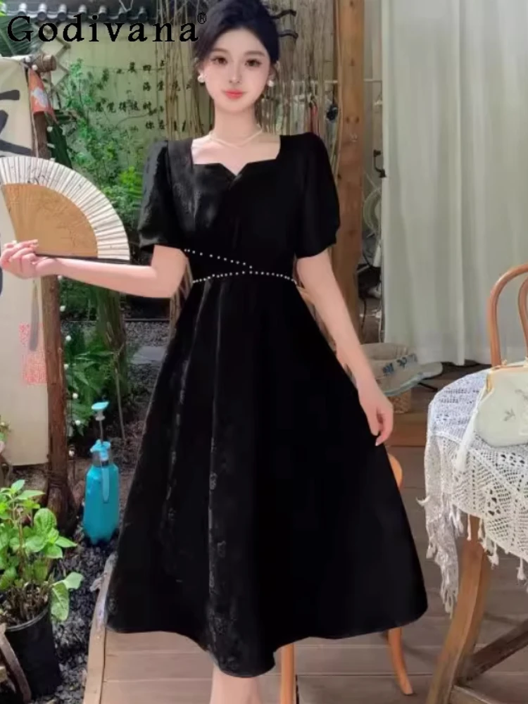 فستان جاكار أنيق مقاس كبير أسود بأكمام قصيرة ورقبة مربعة فستان بناتي صيفي بمزاج فرنسي عالي الخصر على شكل حرف a فساتين بسيطة #1