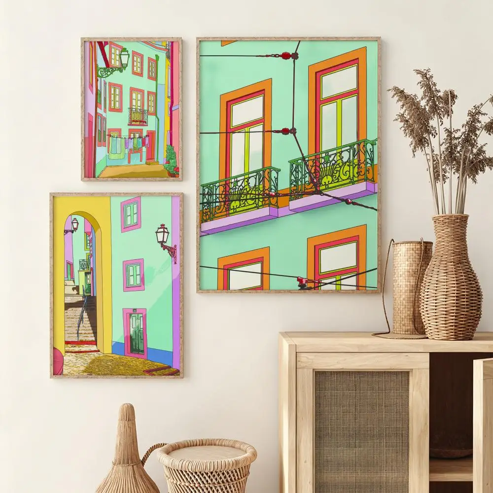 Color Block Architecture Poster Stickers Painting Mural Wall Decals for Bedroom Living Room Home Self-Adhesive HD Decor Gift