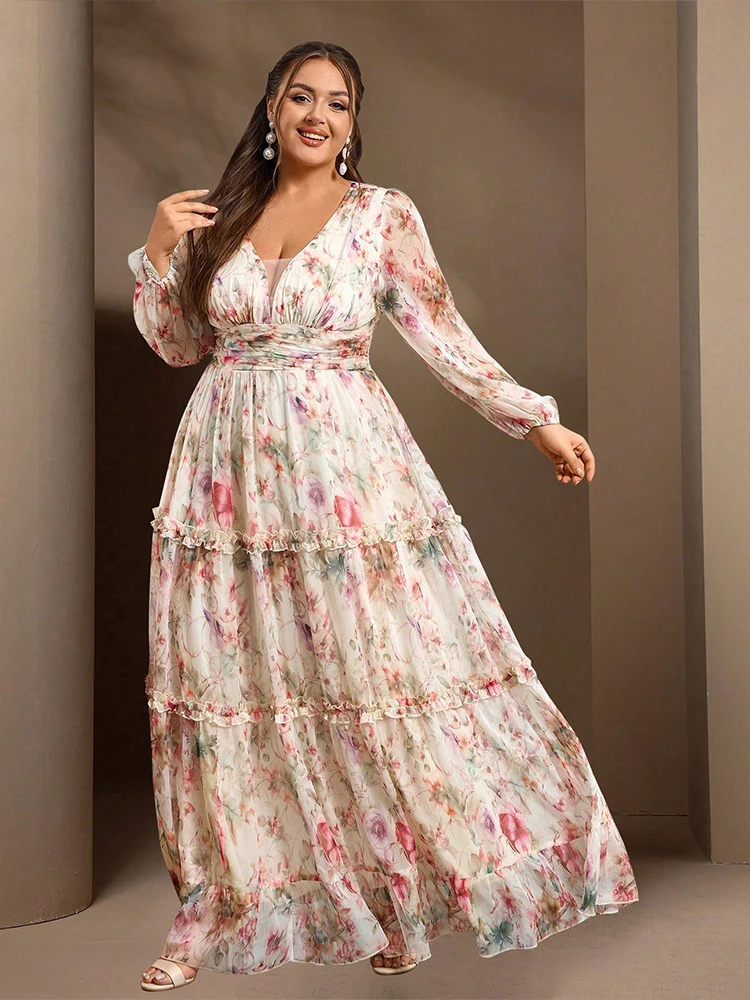 TOLEEN Middle Eastern Plus-size Spring And Summer Elegant Flower-printed Lantern Sleeve Long Dress With A Big Swing