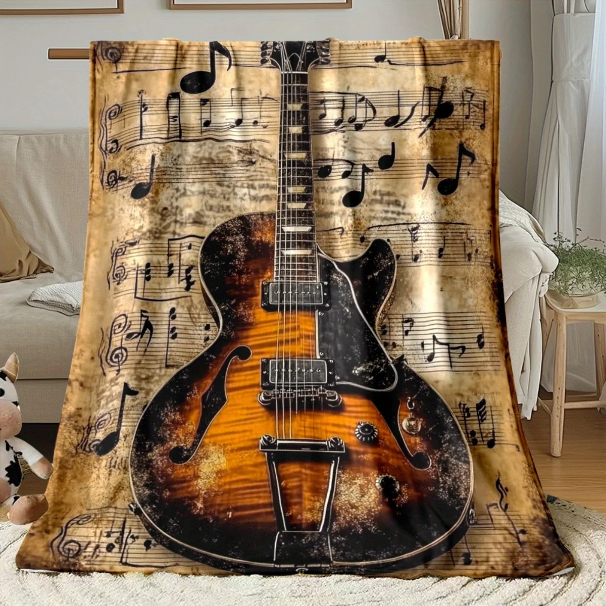 Retro Music Vintage Throw Blanket Distressed Electric Guitar Music Note Antique Paper Print Rock Home Couch Bed Blanket