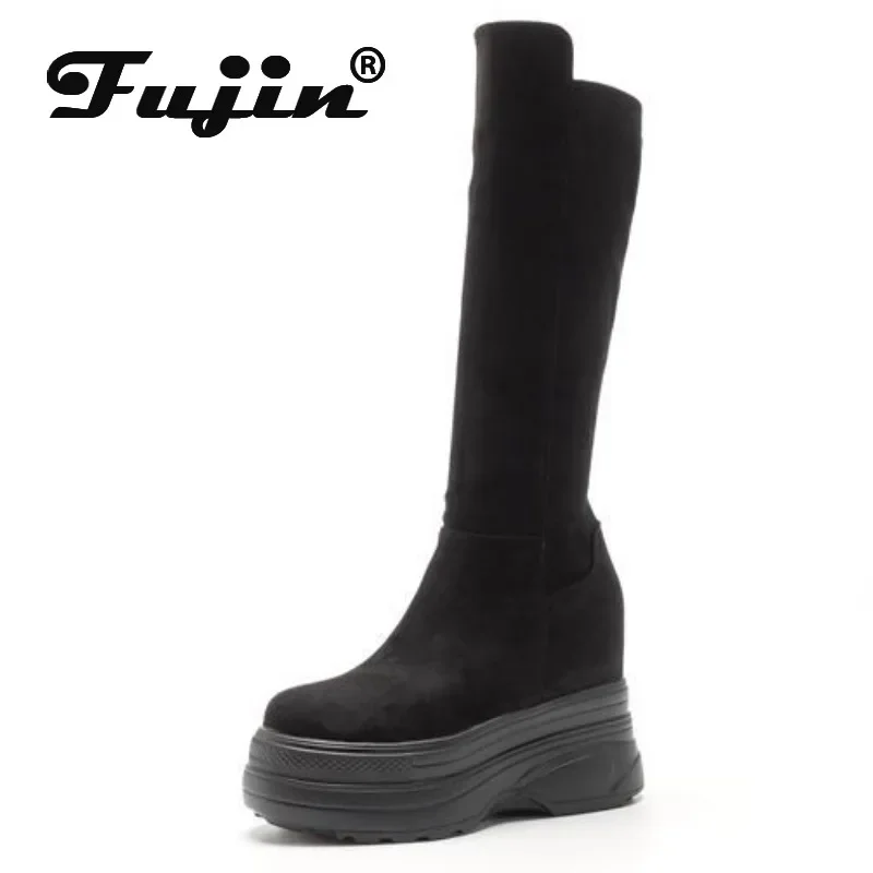 Fujin 11cm Microfiber Autumn Fabric Chelsea Chimney Fashion Winter Synthetic Stretch Plush Knee High Booties Women Spring Shoes