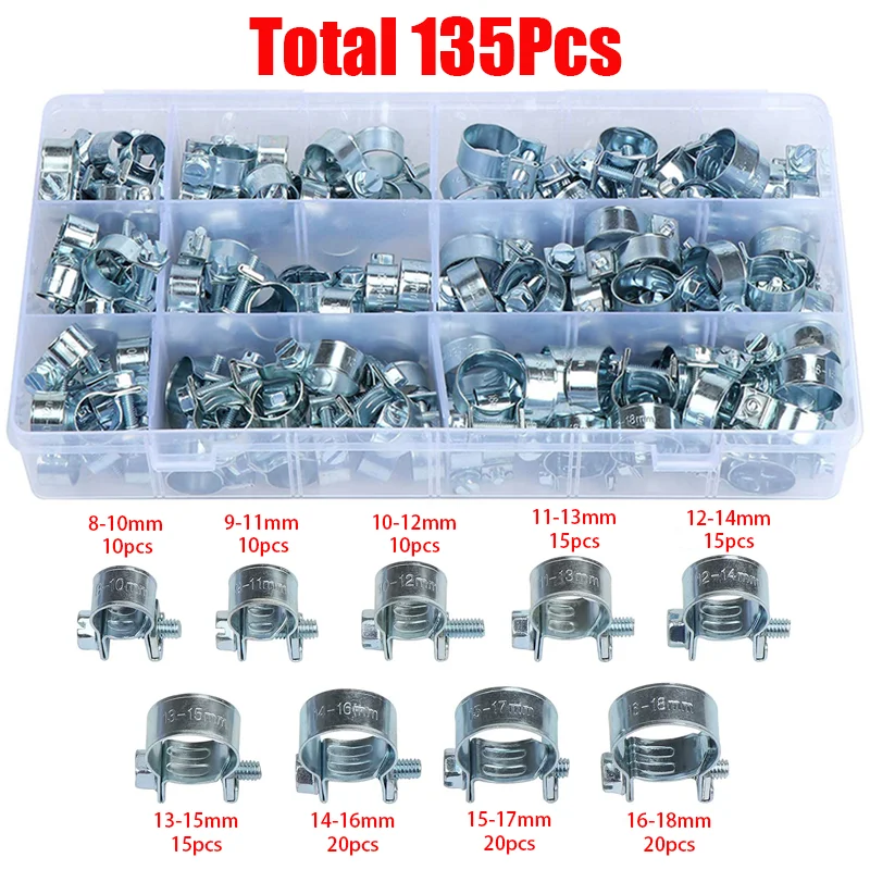 135 pieces of mini fuel injection hose clamp galvanized steel hose clamp combination kit 8-18 mm for automotive fuel lines