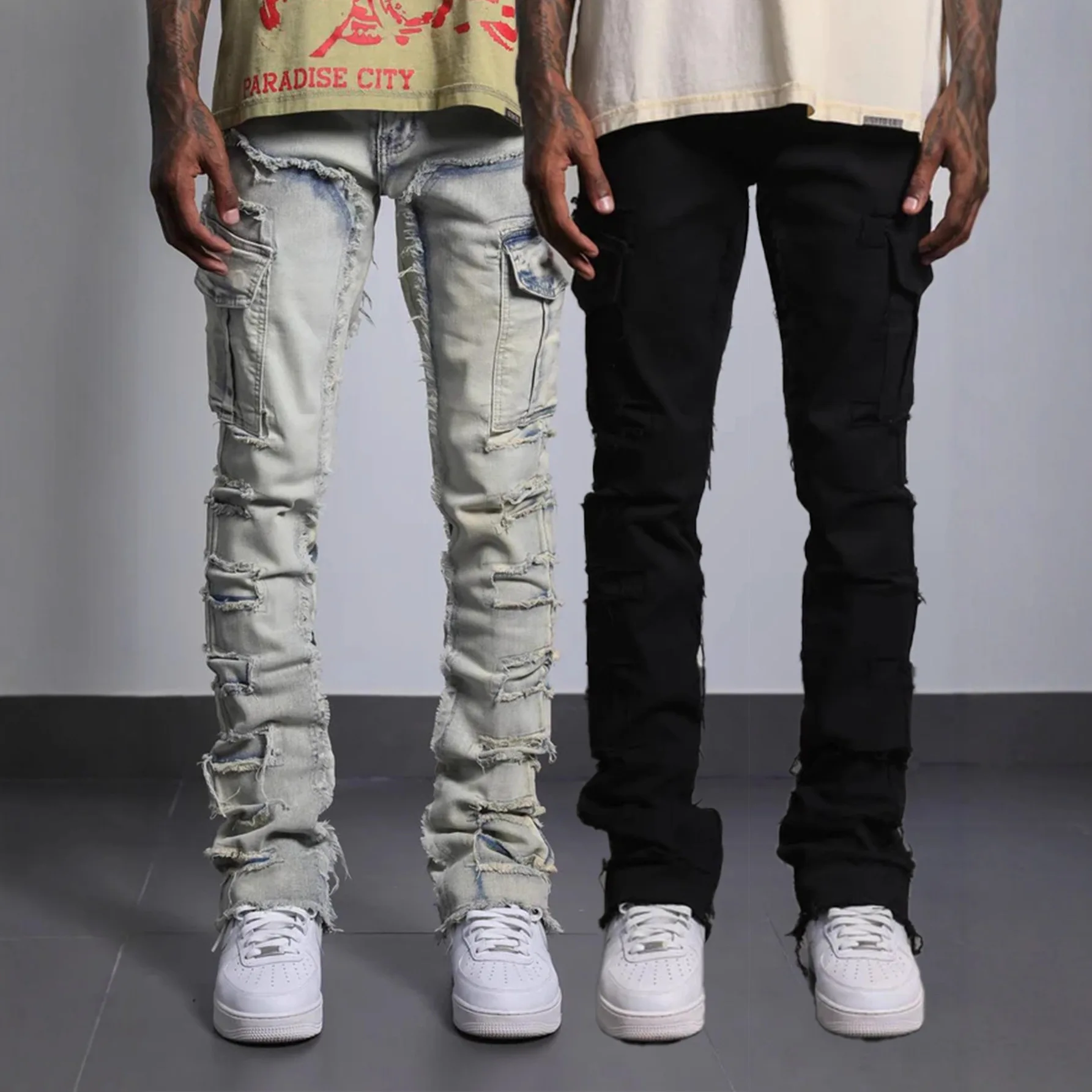 

2026 Spring Summer Men's Straight Jeans Pants Stretch Denim Trousers Patchwork Streetwear Casual Bottoms