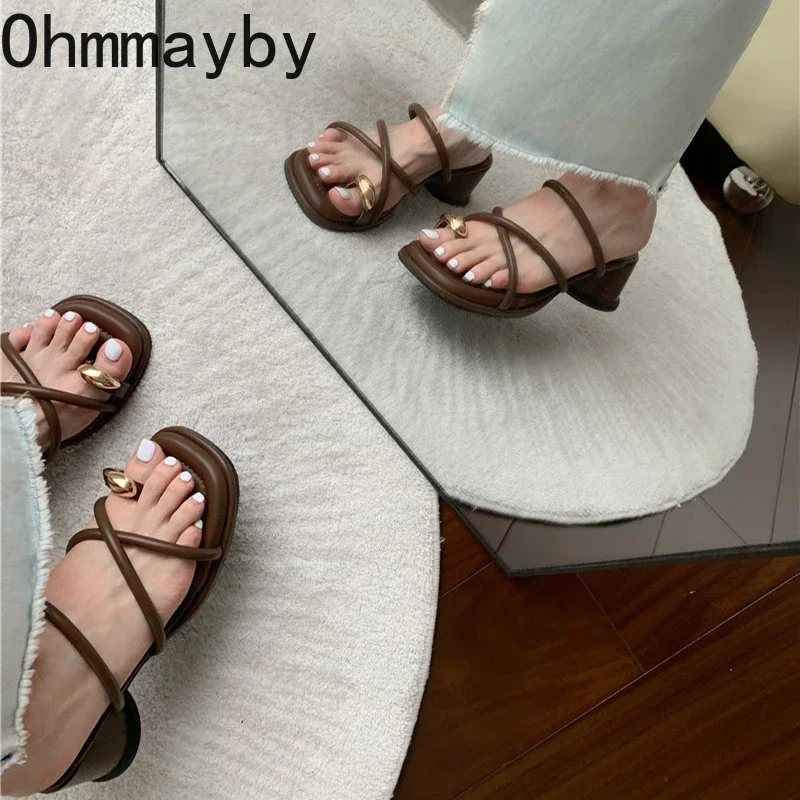 2024 Summer Gladiator Women Slippers Fashion Elegant Narrow Band Slides Shoes Ladies Outdoor Clip Toe High Heel Sandalias